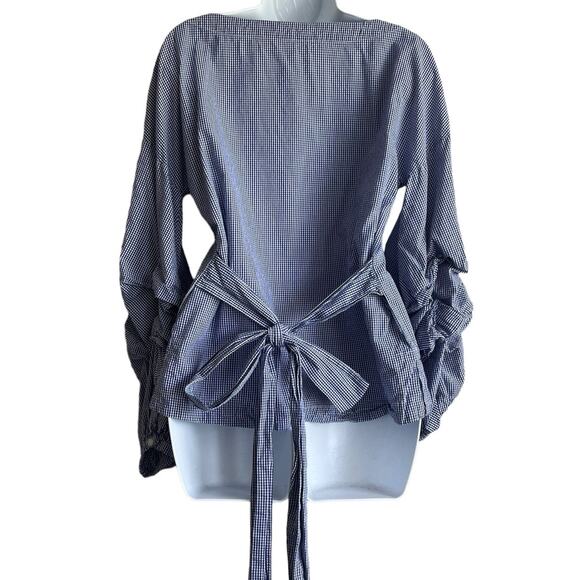 Max‎ Jeans Women Top S Blue Small Checkered Tiered Puff Sleeve Back Tie Preppy - Picture 4 of 14